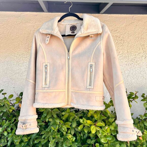 Giacca Gallery Vintage Faux Fur Suede Jacket Beige Cream Moto Womens Size Small - Picture 7 of 7